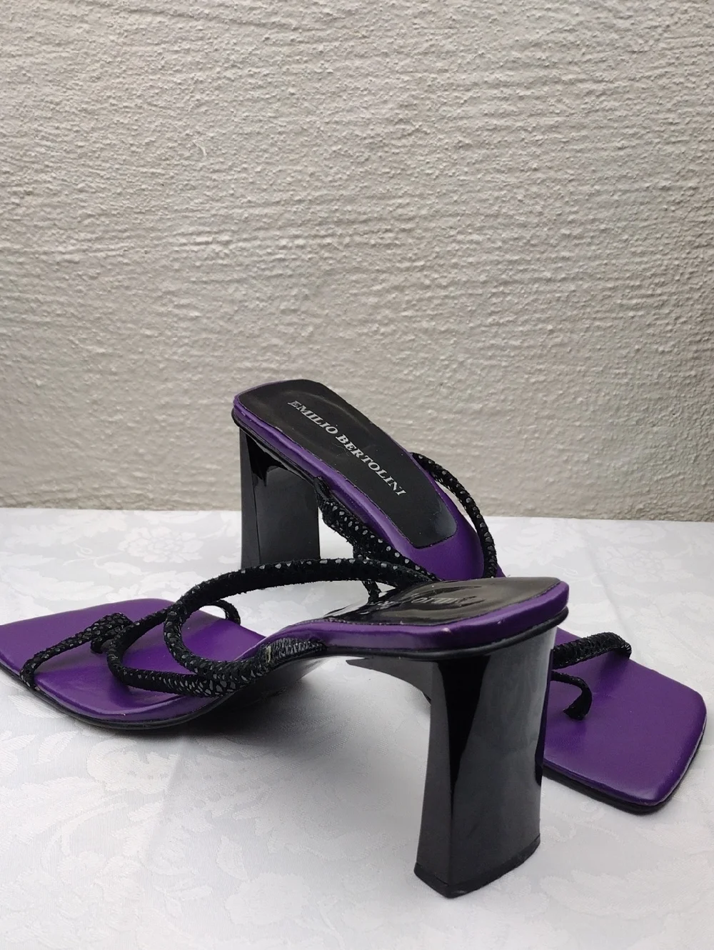 Emilio Bertolini Purple Leather Texture Strappy Square Toe Sculpt Heel Sandal